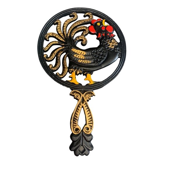 Vintage Cast Iron Rooster Trivet With Handle Cooking Stand Hand-Painted - Picture 1 of 9